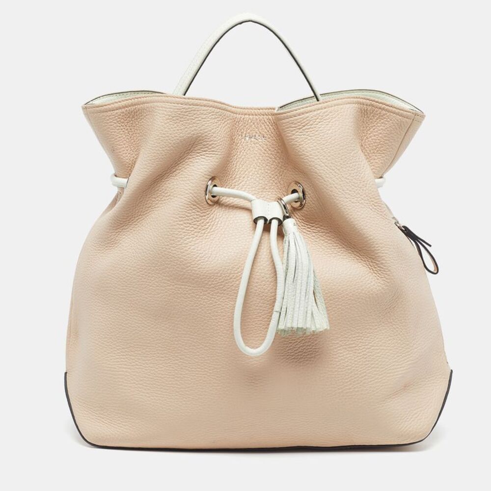 Lancel Drawstring Beige/white Leather Bucket Bag